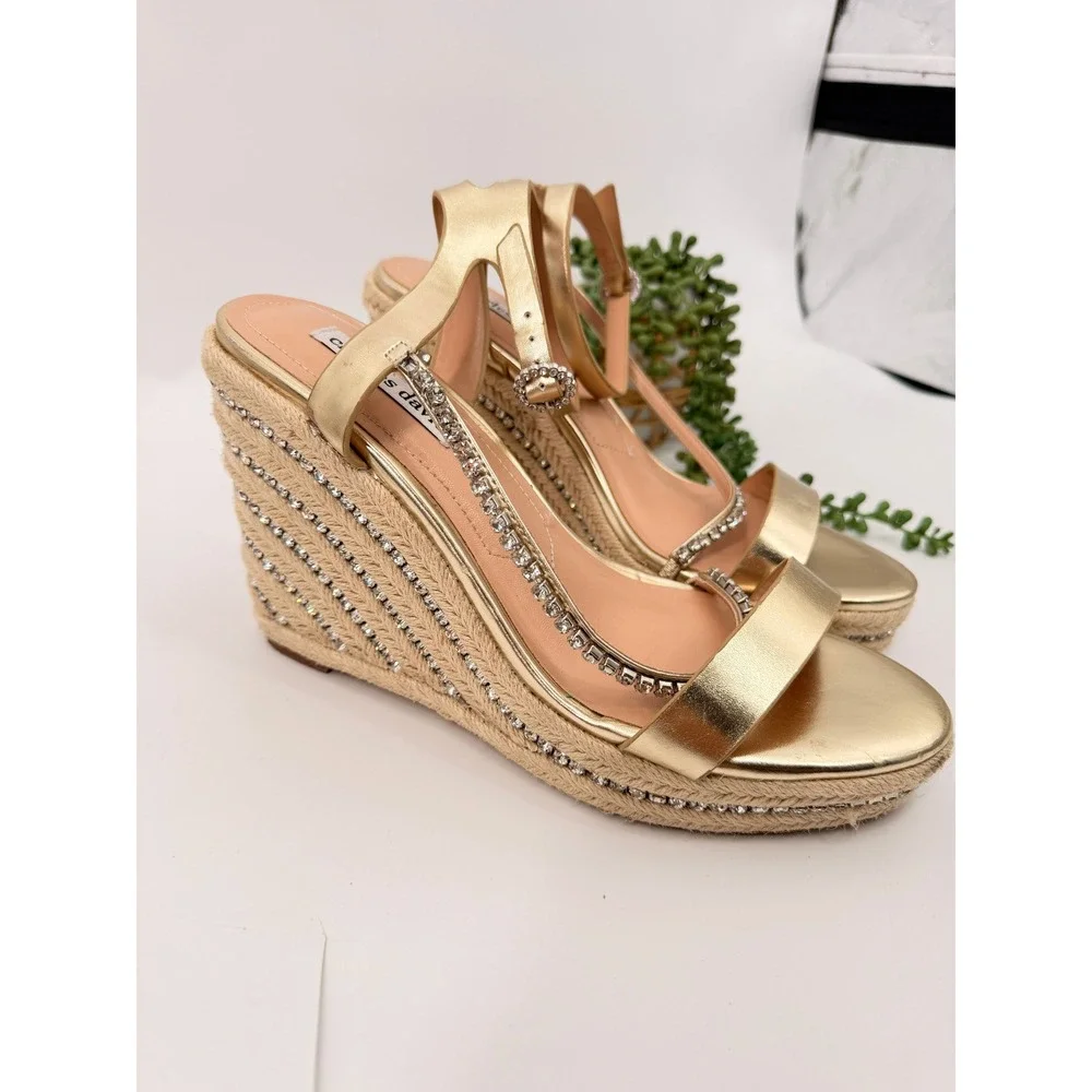 Charles David Wedge Sandals Womens 11M Gold Rhinestone Espadrille Platform Heels